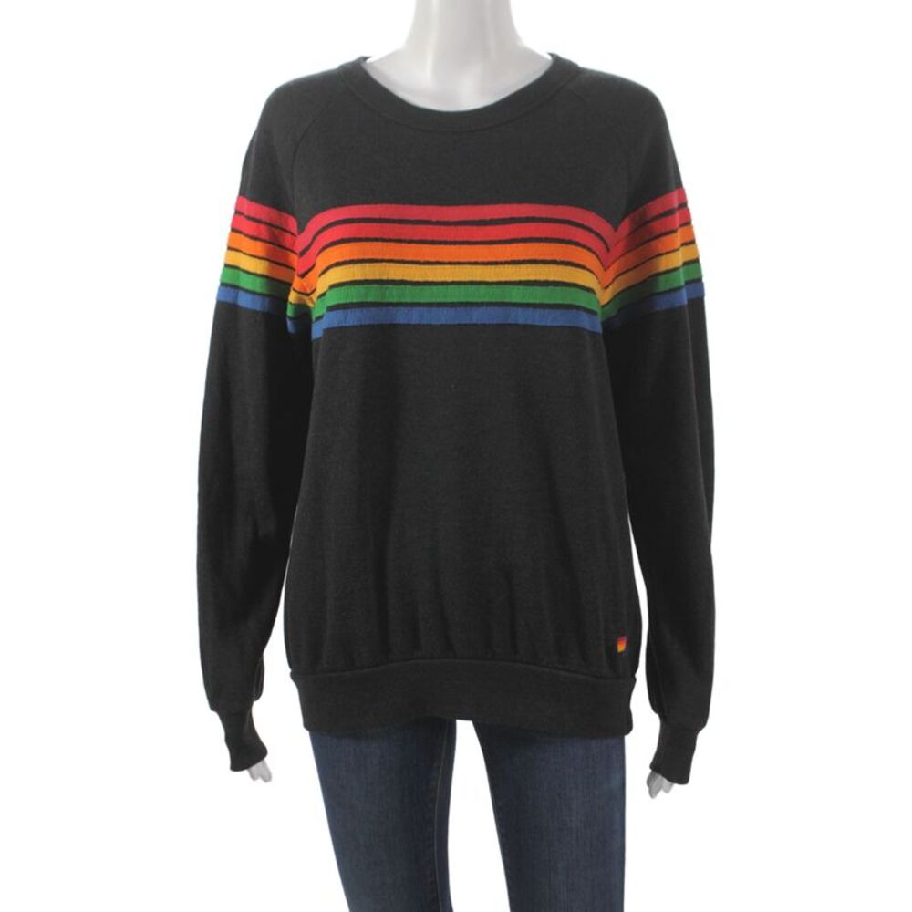 Aviator Nation Women Black Striped Pullover Sweatshirt Long Sleeve Size S